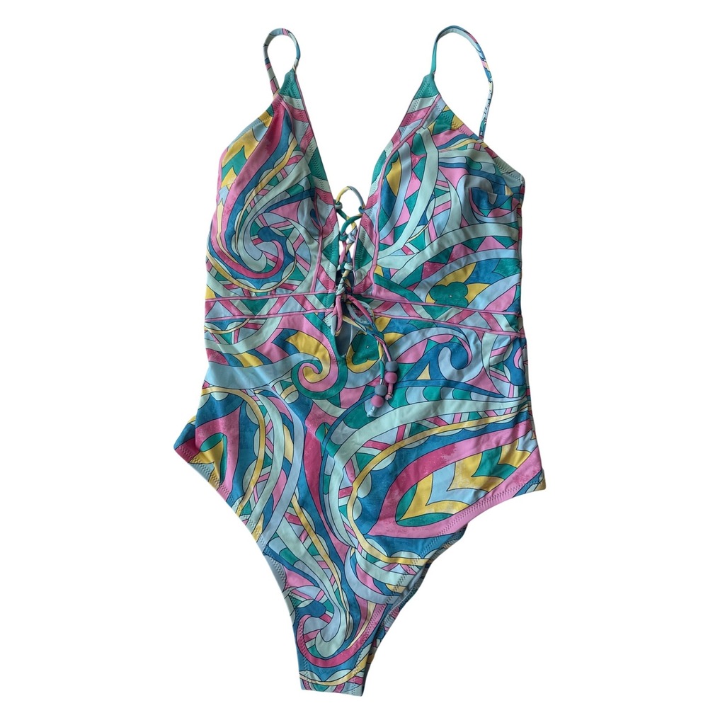 Jessica Simpson Swimsuit Women Large Multi Psychedelic Lace Up One Piece